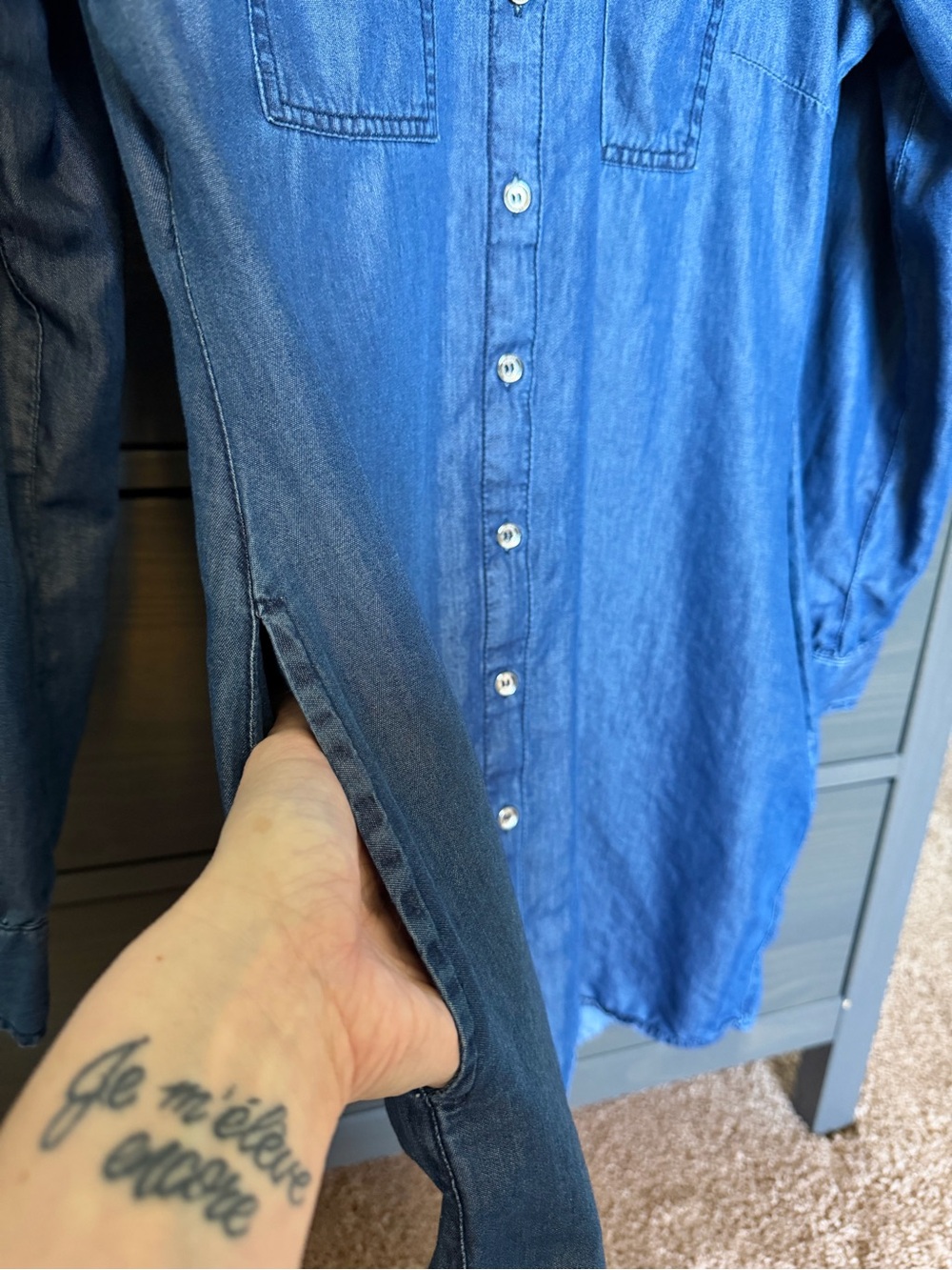 Guess Blue Chambray Button-Front Mini Dress - Picture 9 of 9